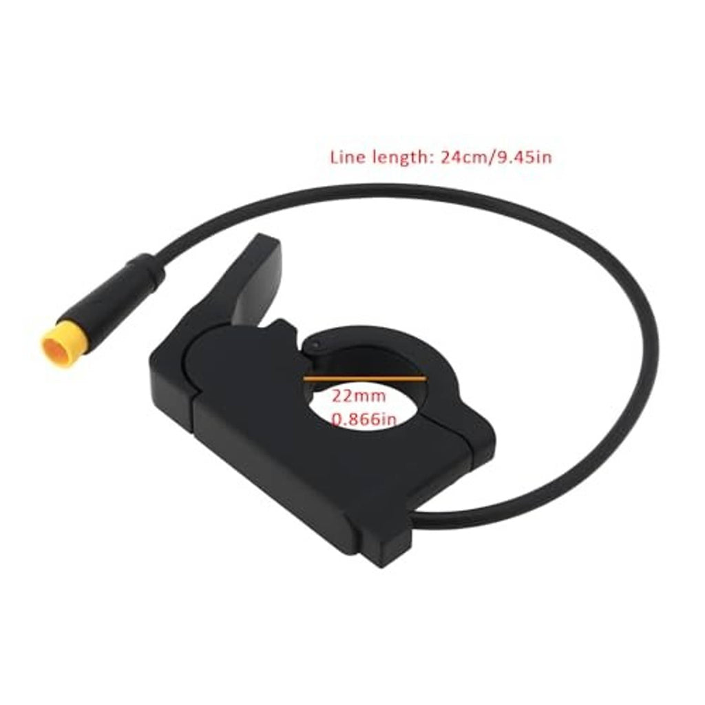 Electric bike thumb throttle module with black housing, cable loop, and yellow connector
