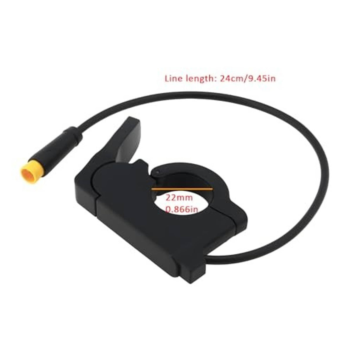 Electric bike thumb throttle module with black housing, cable loop, and yellow connector