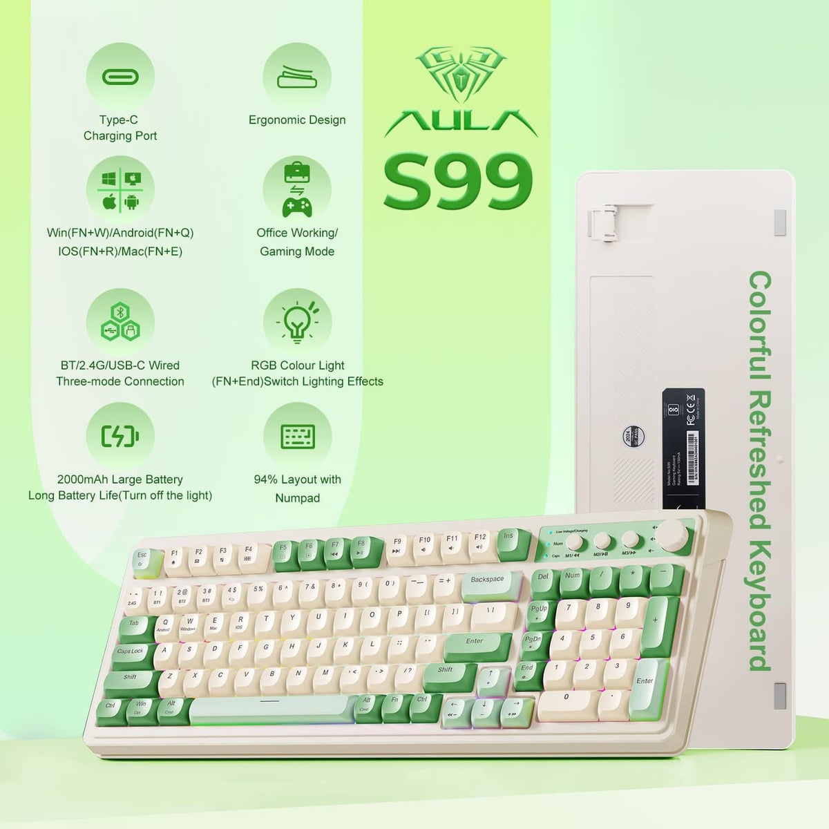 Cream and green gaming keyboard with beige frame and keycap sections.