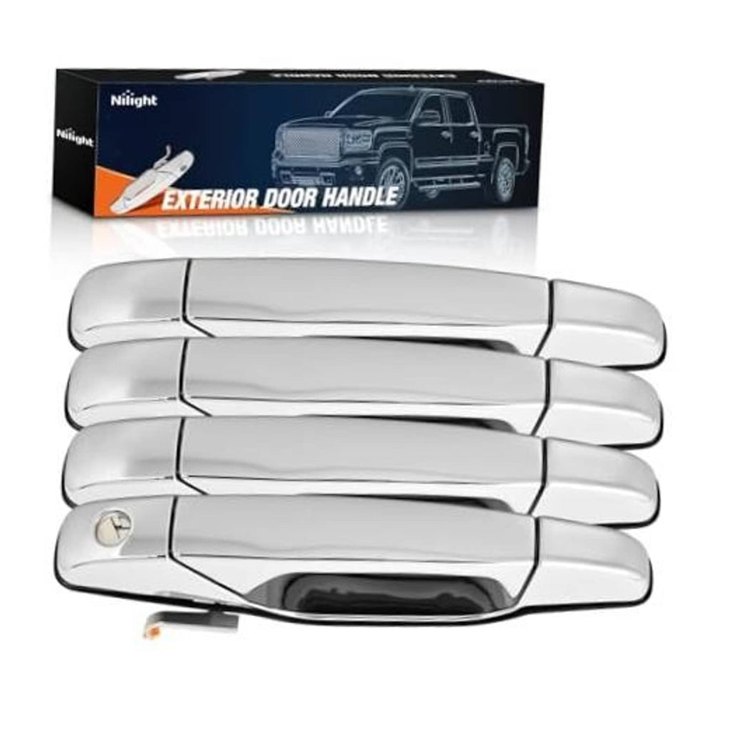 Chrome exterior door handle set with key cylinder cutout, front and rear pieces