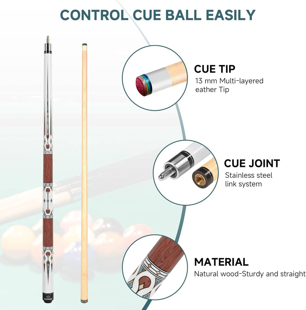 Pool cue stick close-up with cue tip, joint hardware, and shaft details
