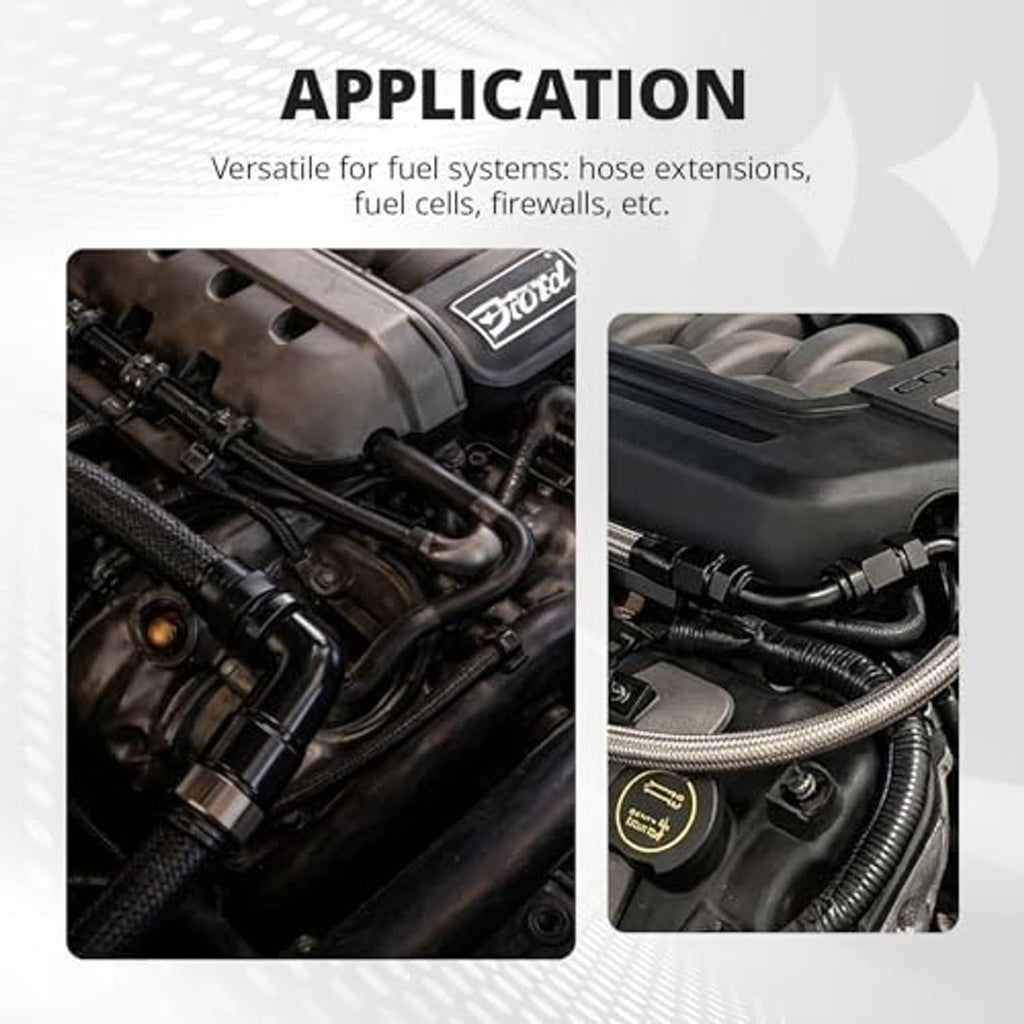Black 90-degree AN elbow fitting installed on engine hoses with threaded connections