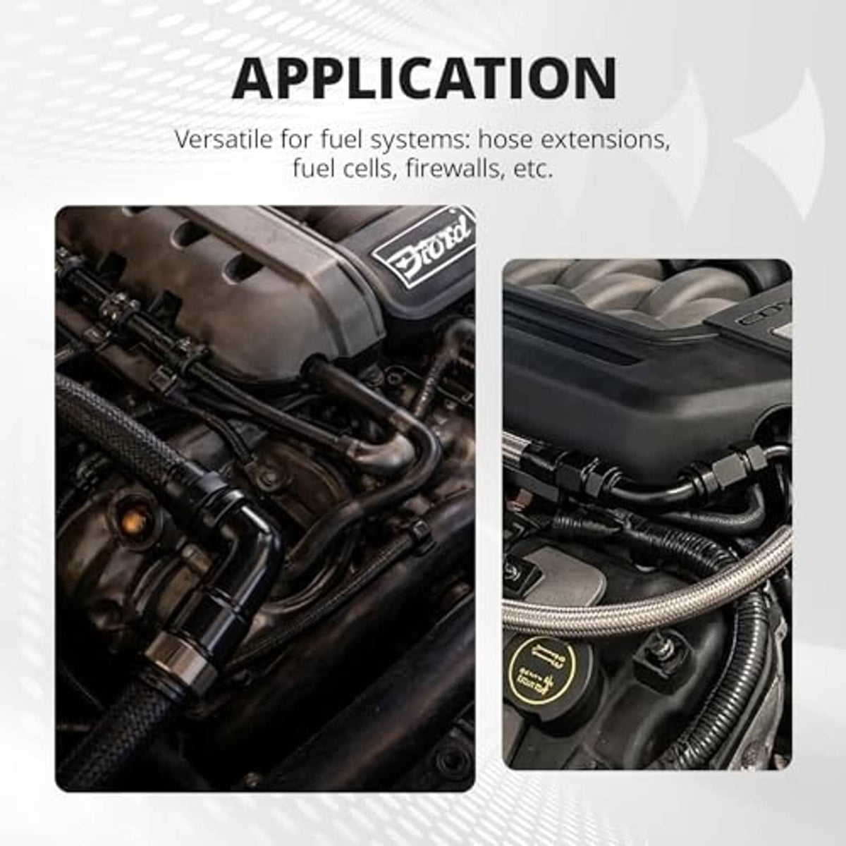 Black 90-degree AN elbow fitting installed on engine hoses with threaded connections