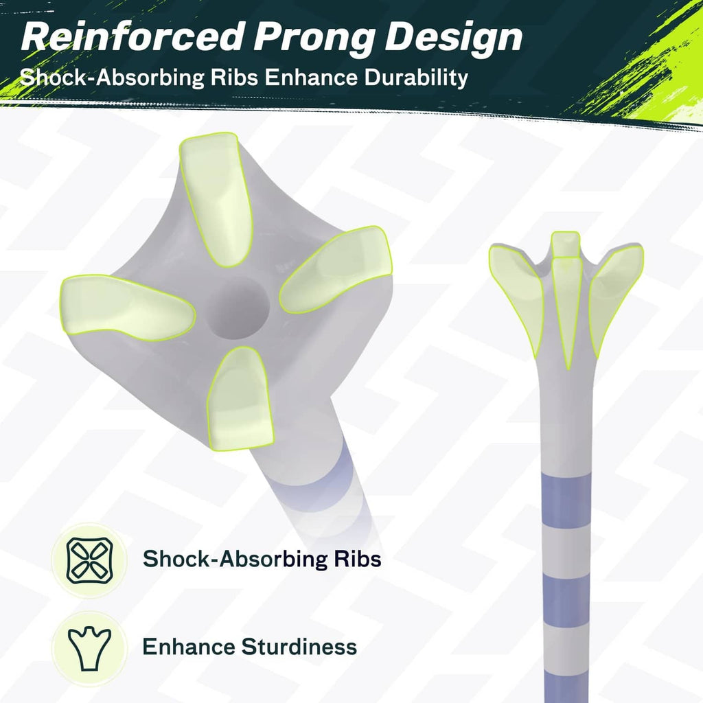 SAPLIZE golf tees with reinforced prong design; white heads, blue-striped shafts