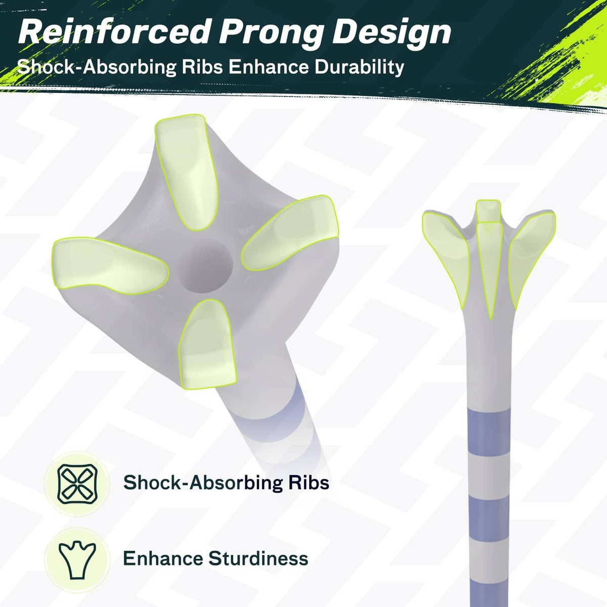 SAPLIZE golf tees with reinforced prong design; white heads, blue-striped shafts