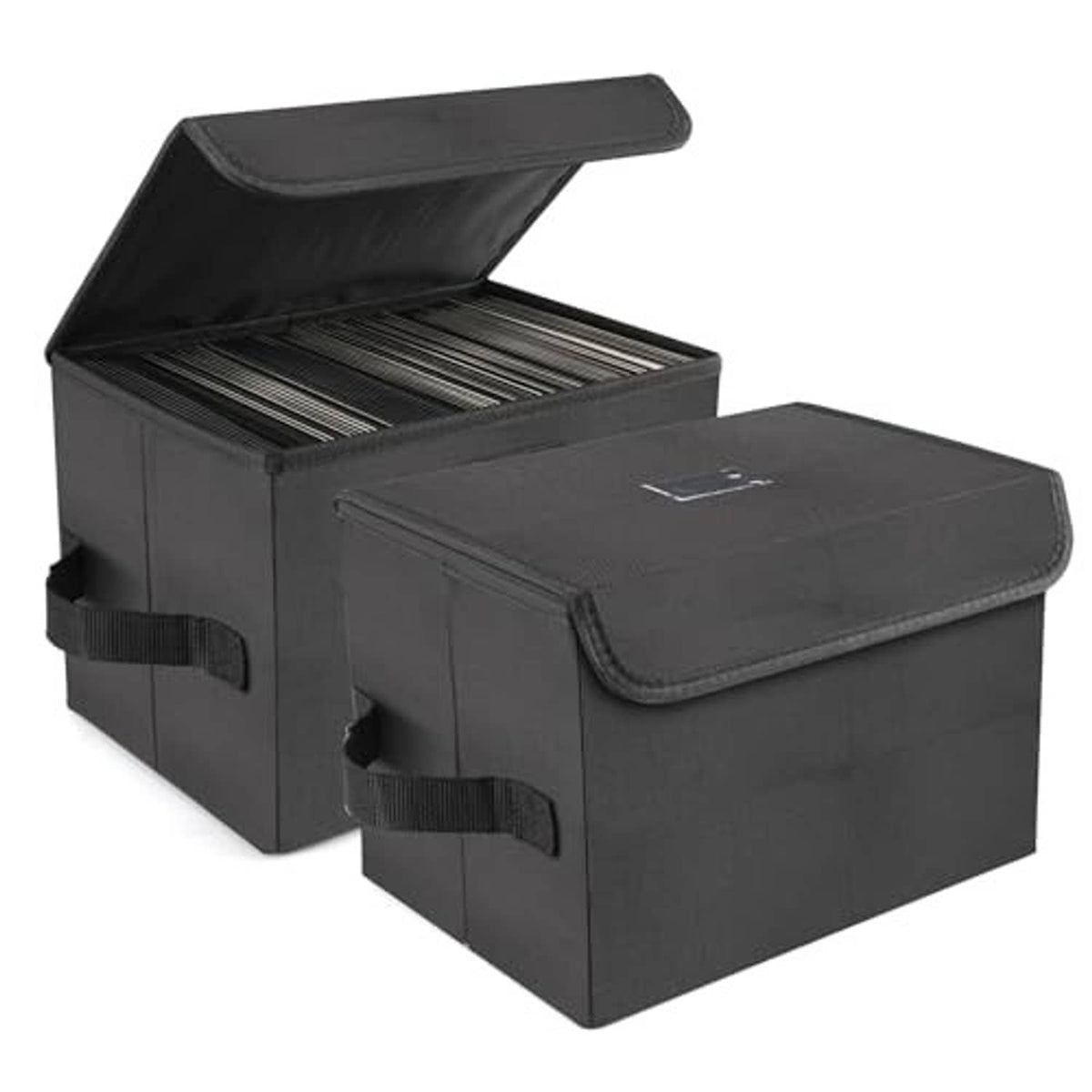 Pair of black vinyl record storage boxes with open foldable lids and front straps