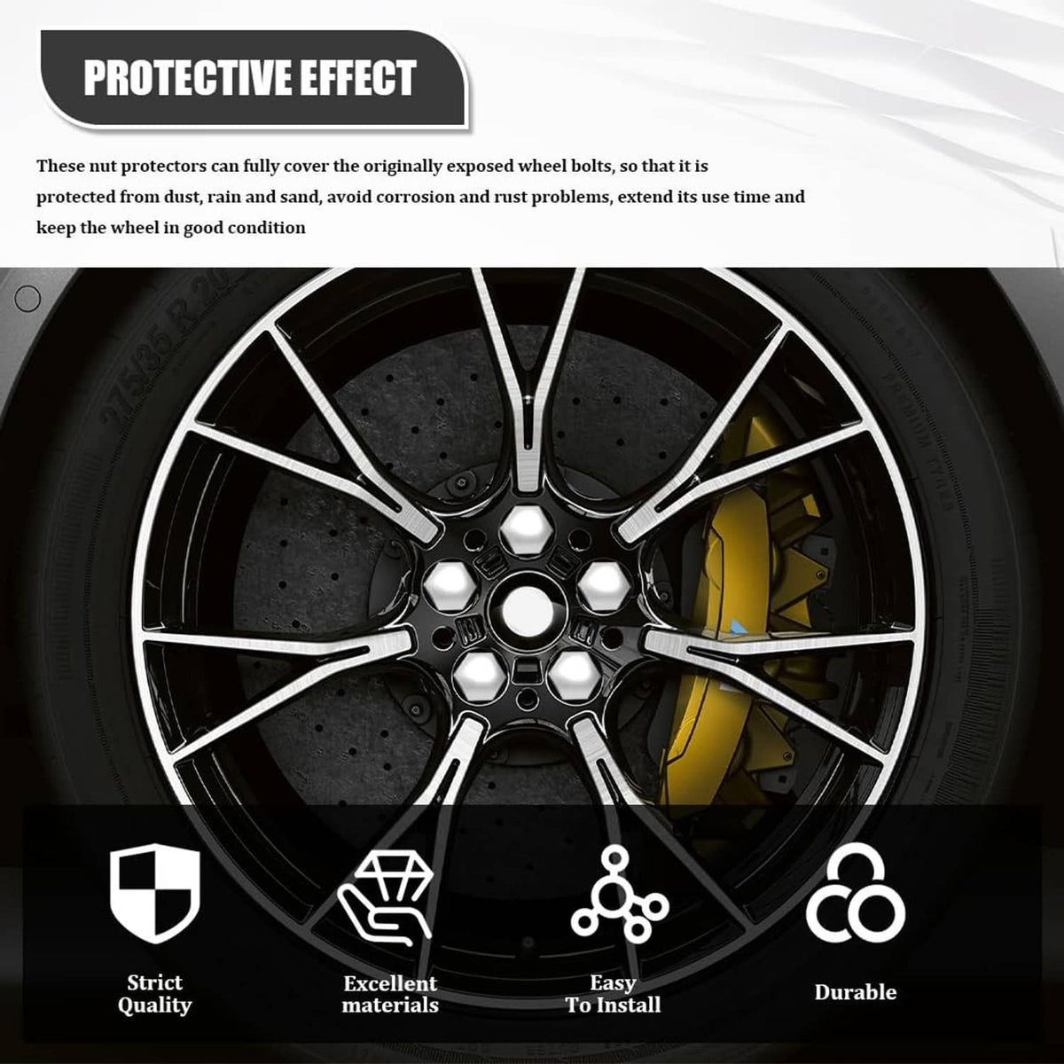 Installed silver wheel lug nut covers protecting lug nuts on a wheel