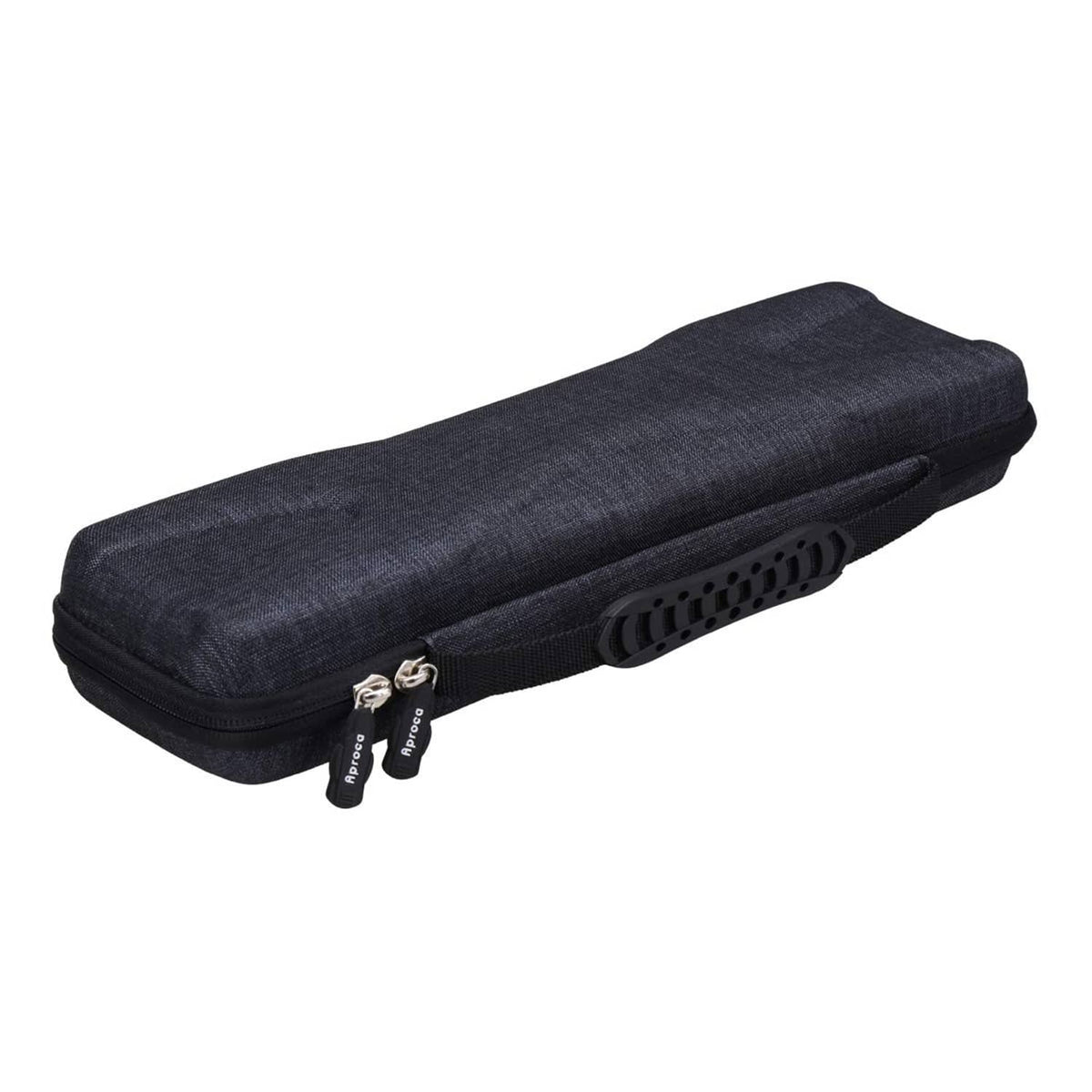 Hard carry case with textured dark fabric cover and dual zipper pulls