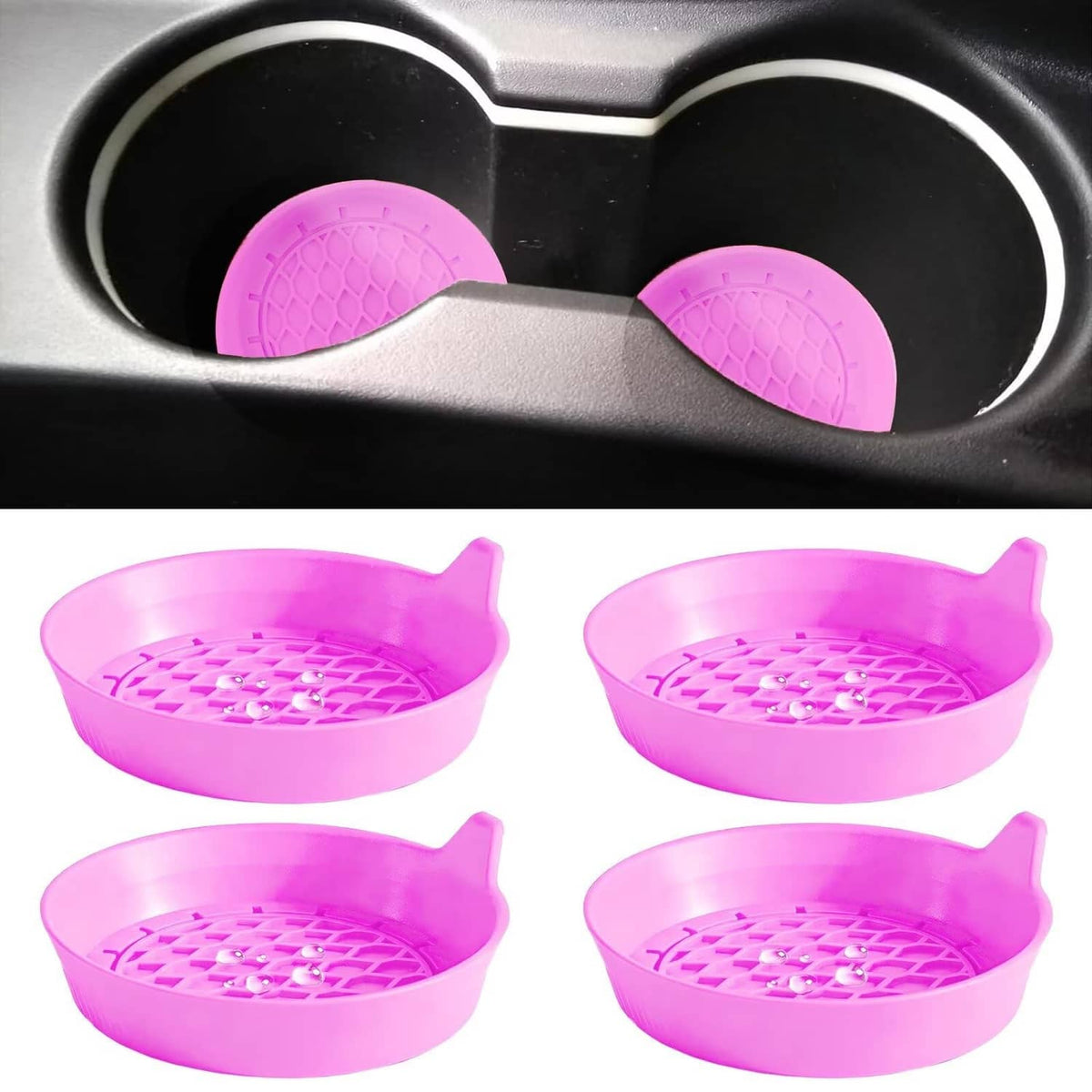 Pink silicone car cup coasters set of 4, curved holders with embossed grip pattern