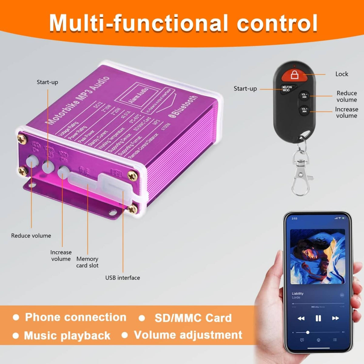 Purple motorbike MP3 audio controller with wireless remote key fob