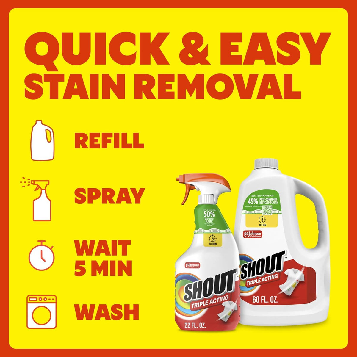 Shout Triple-Acting quick and easy stain removal graphic with refill and spray bottle
