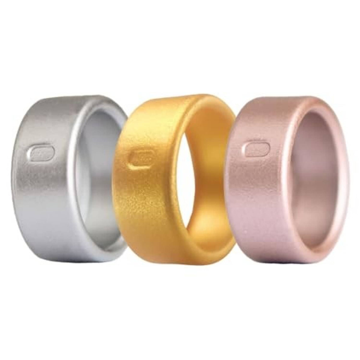 Metallic smart silicone ring covers in silver, gold and rose, three-piece set.