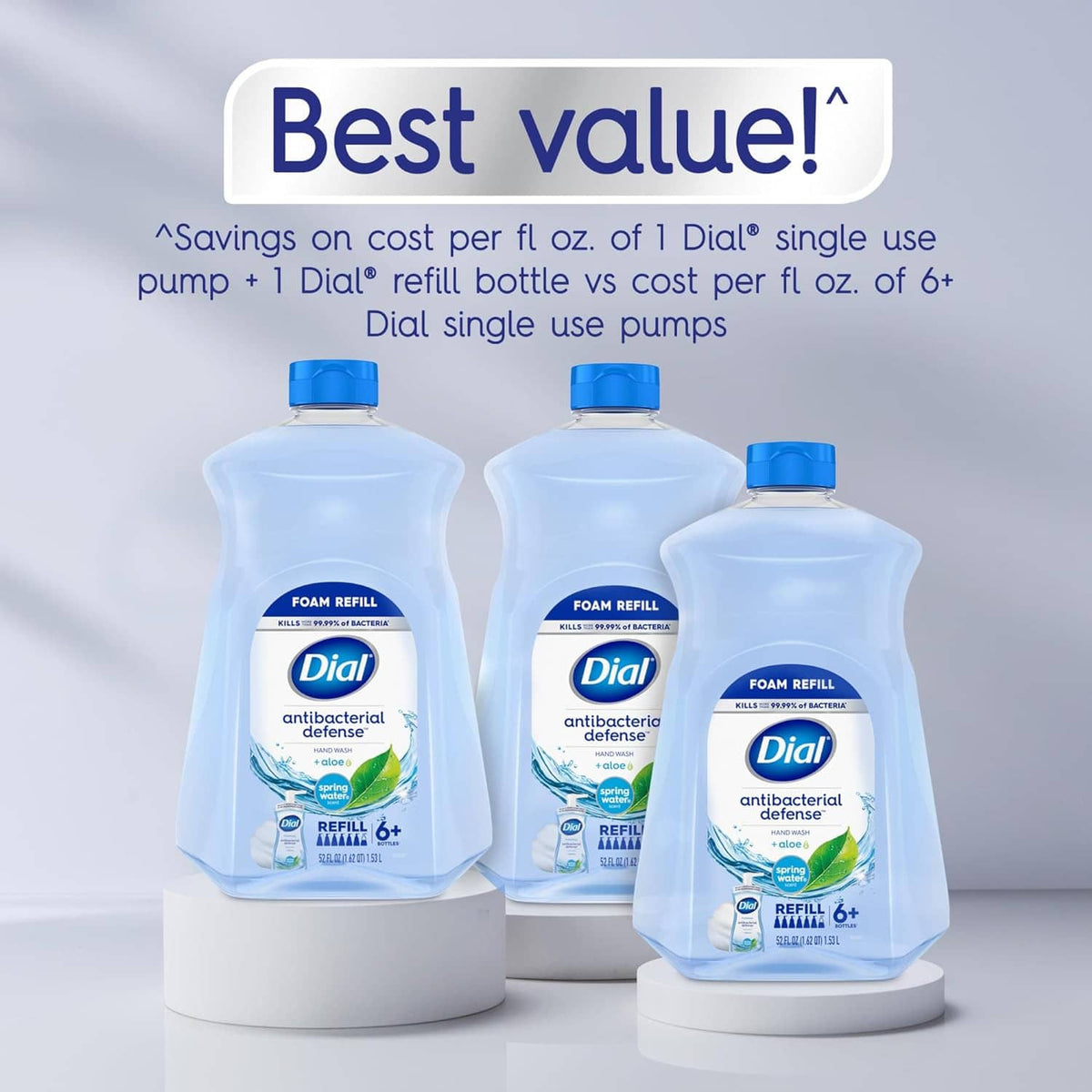 Dial antibacterial defense foaming soap refill bottles with Best value savings graphic
