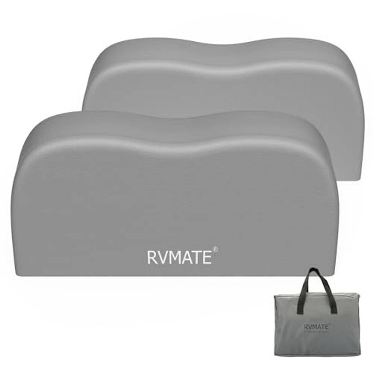 Grey dual axle RV tire covers set (2) with RVMATE logo, plus storage bag