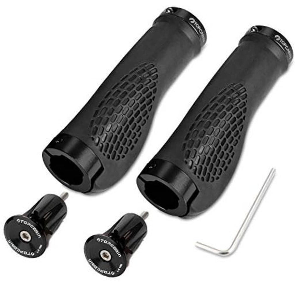 Black ergonomic bike handlebar grips, textured center, with lock end plugs and wrench
