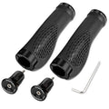 Black ergonomic bike handlebar grips, textured center, with lock end plugs and wrench