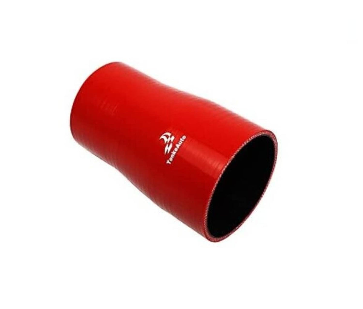 Red silicone straight hose reducer coupler with black interior, rounded end view