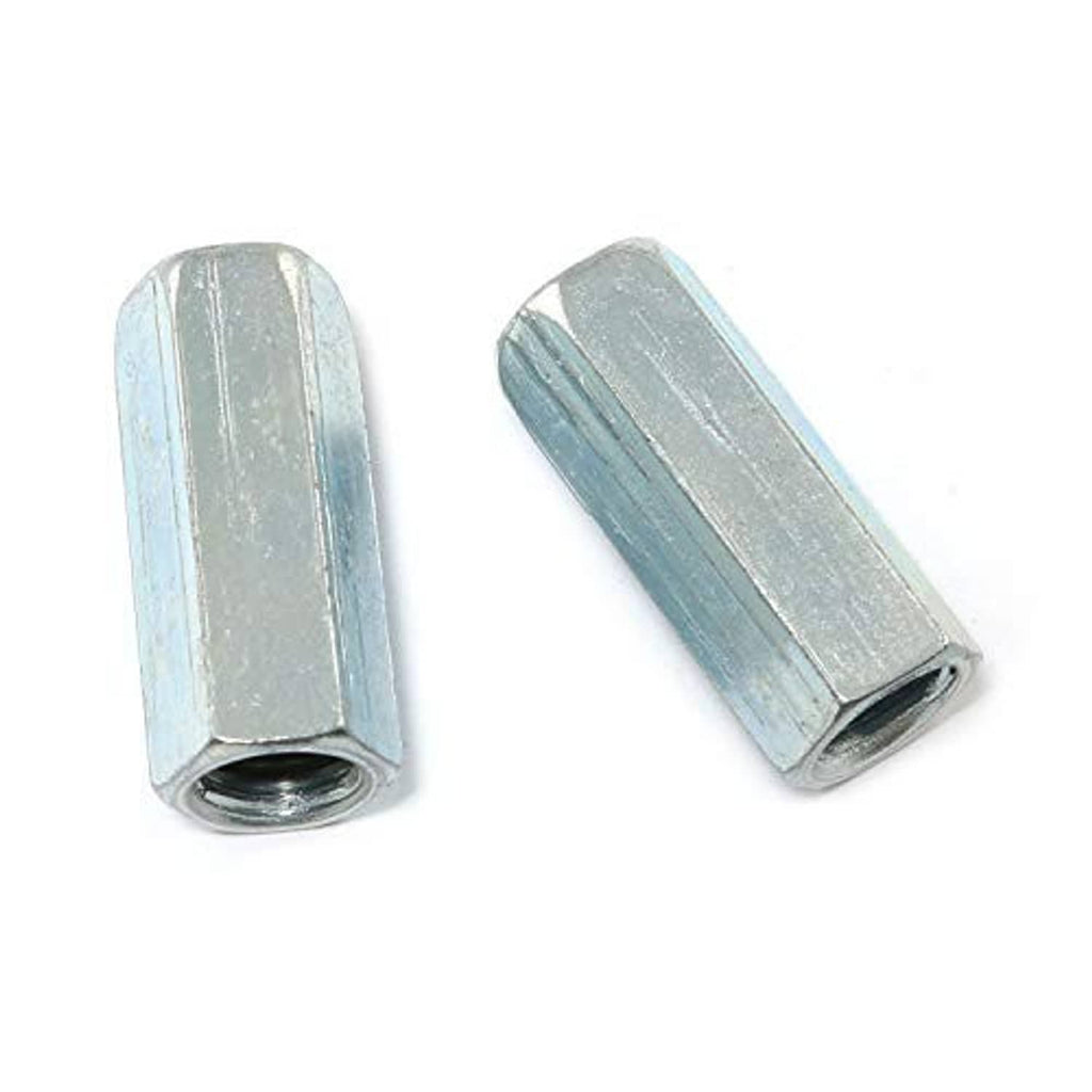 Two M8 hex coupling nuts with female threads, silver straight sleeve fittings