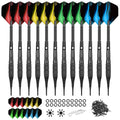 Soft tip darts set with 12 black barrels, multicolor PET flights, tips, and tool