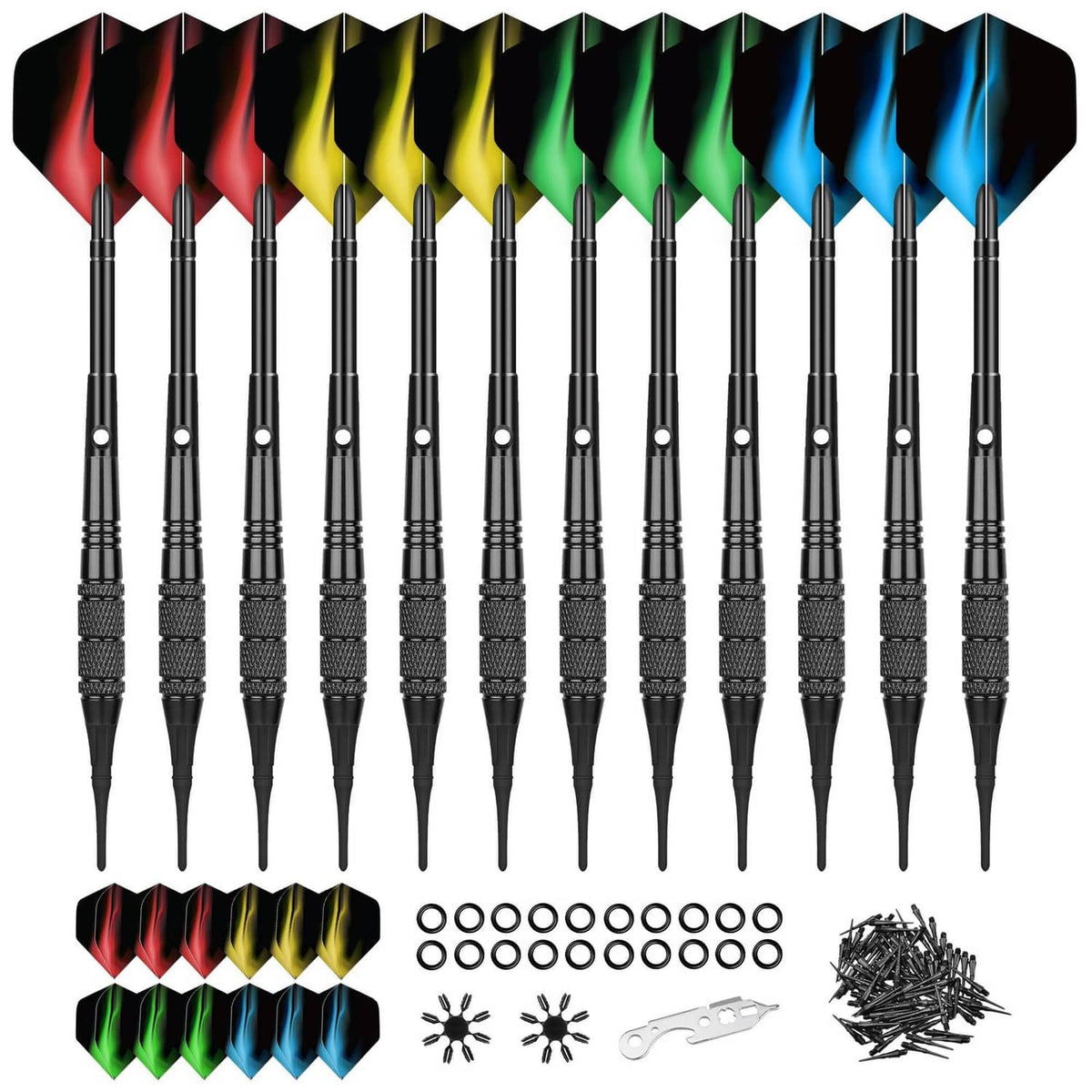 Soft tip darts set with 12 black barrels, multicolor PET flights, tips, and tool