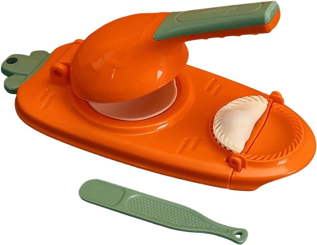 2-in-1 dumpling press mold in orange with green handle and attached release tool