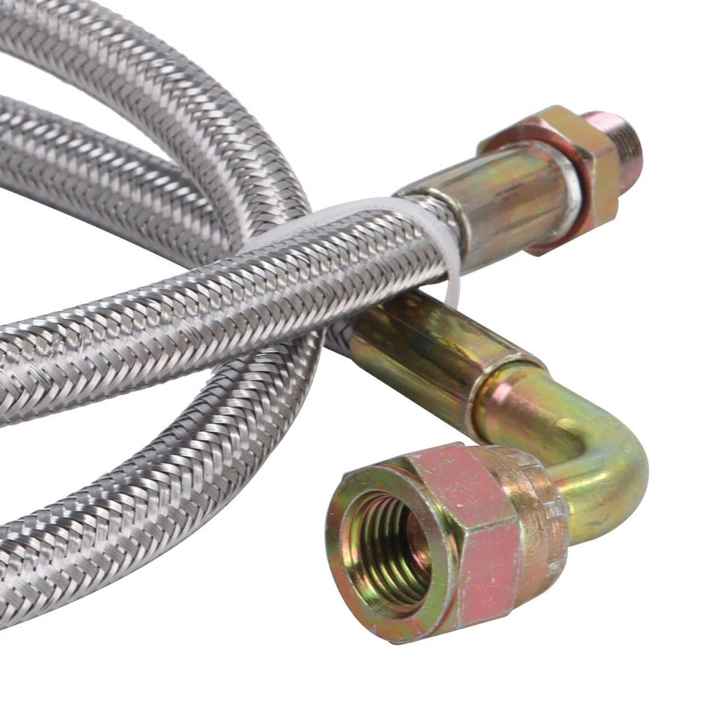 Close-up of braided stainless turbo oil feed line with brass AN4 swivel and adapter