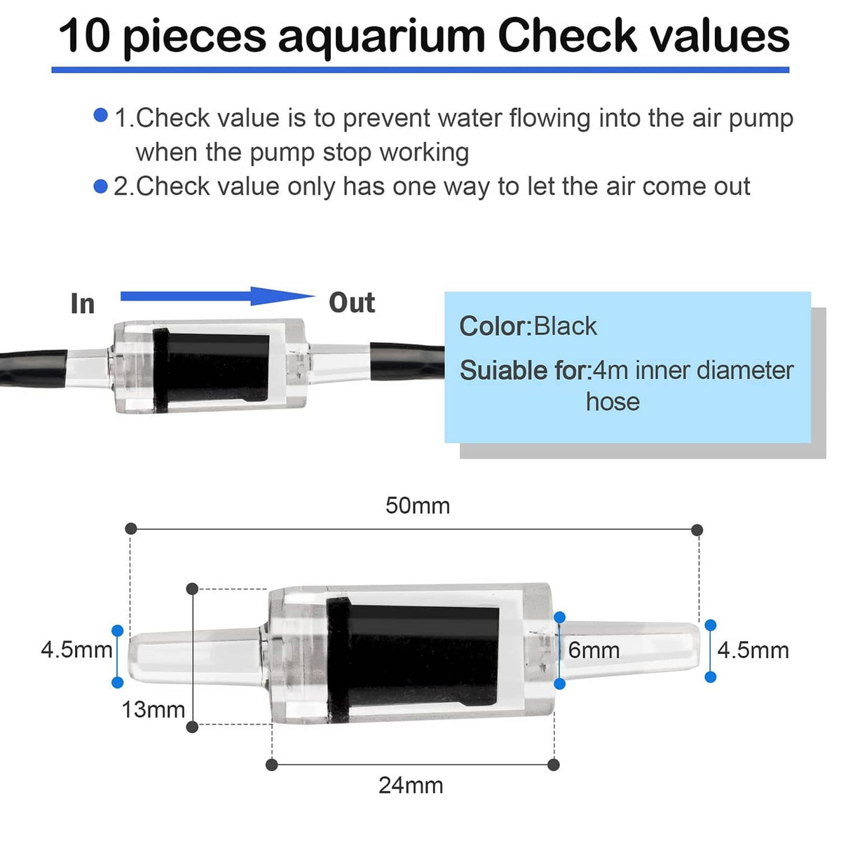 Black inline aquarium check valve for 4mm inner diameter hose