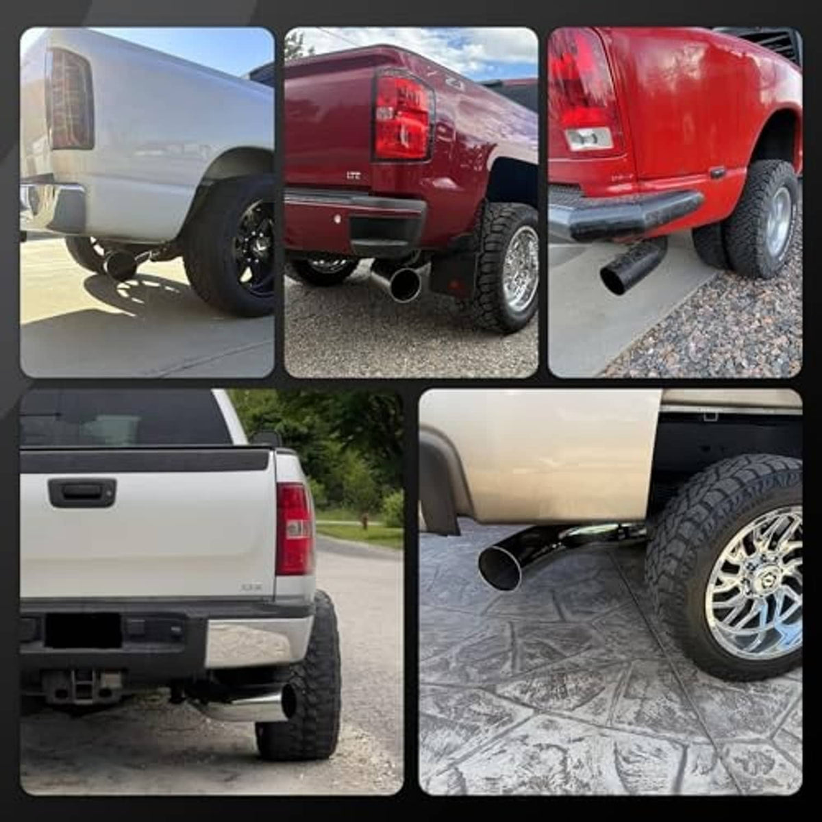 Universal exhaust tip installed on a pickup truck, showing outlet from multiple angles