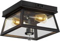 Black flush mount outdoor ceiling light with two amber bulbs and motion sensor