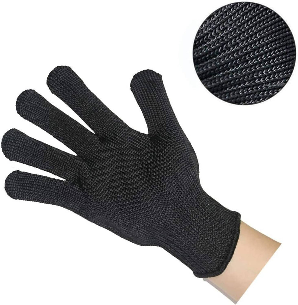 Black textured knit glove with curved fingertips, close-up on the palm area