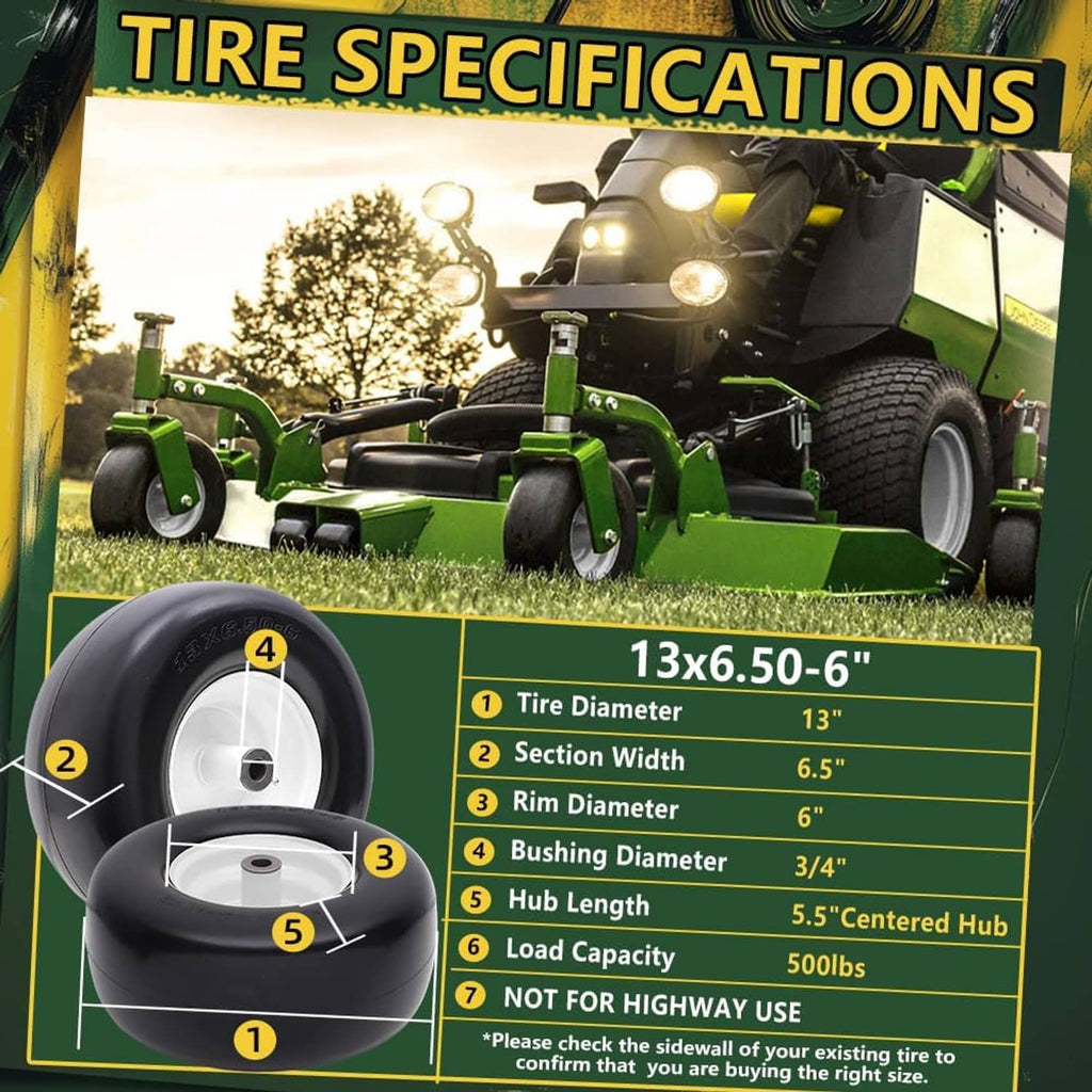 Tire and wheel specifications diagram for 13x6.50-6 solid smooth tire