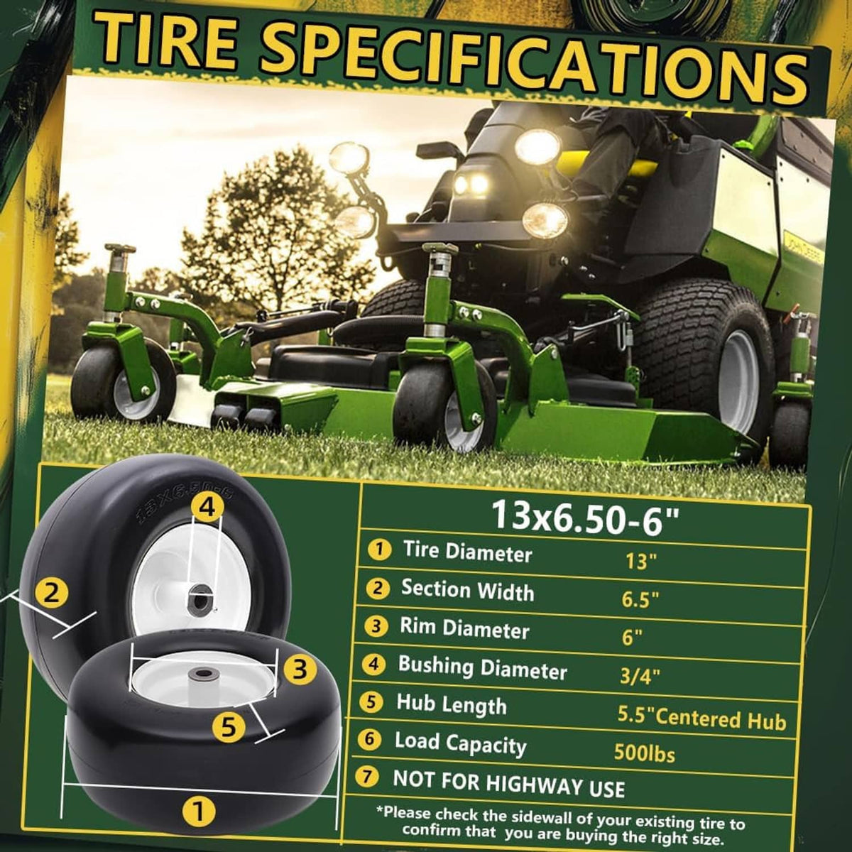 Tire and wheel specifications diagram for 13x6.50-6 solid smooth tire