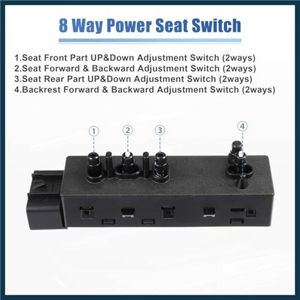 8-way power seat switch control module, black base with adjustment knobs and ports