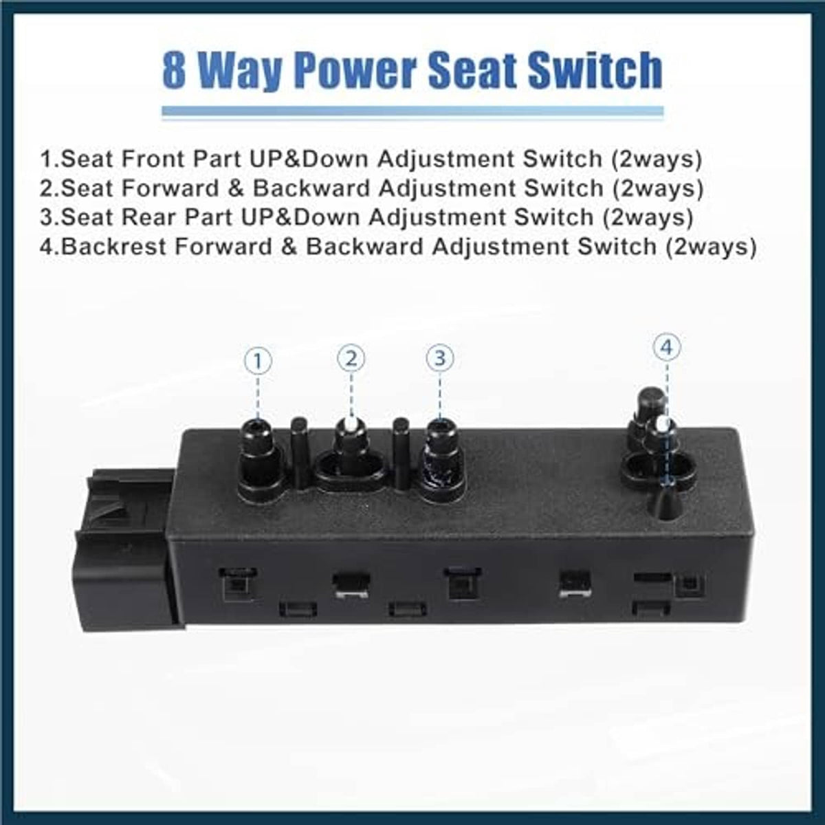 8-way power seat switch control module, black base with adjustment knobs and ports