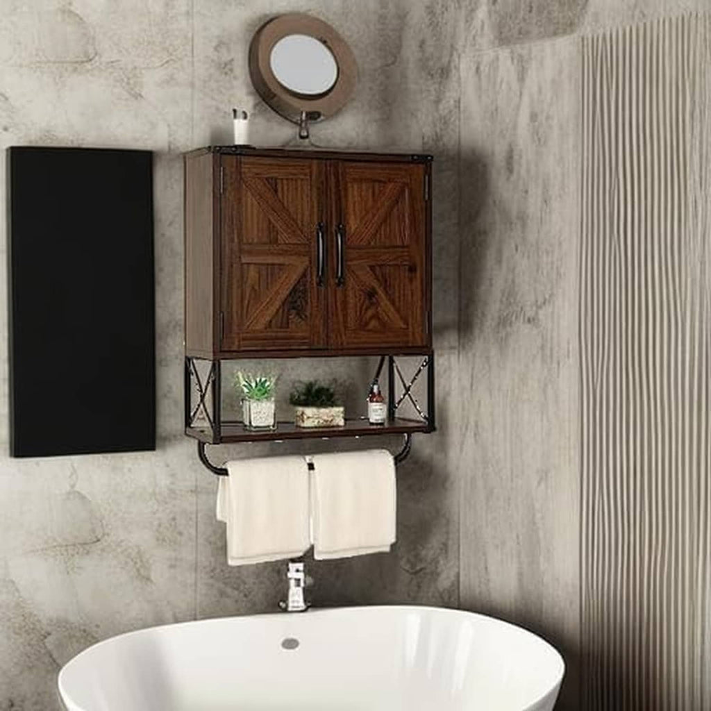 Wall-mounted wooden medicine cabinet with two barn doors, open shelf, and towel bar below