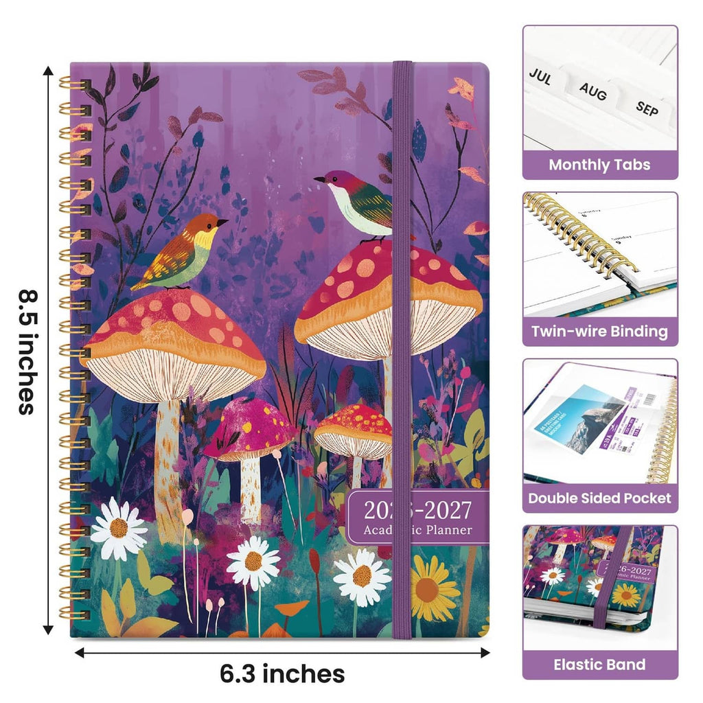 Academic planner cover with matching purple spine, monthly tabs, twin-wire binding, elastic band