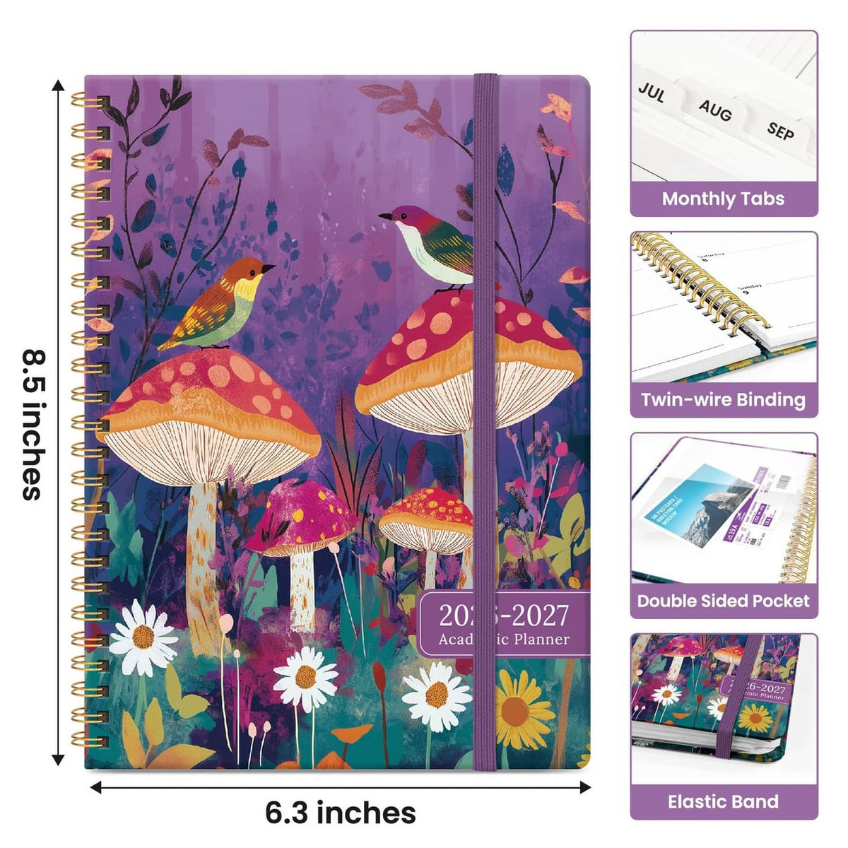 Academic planner cover with matching purple spine, monthly tabs, twin-wire binding, elastic band