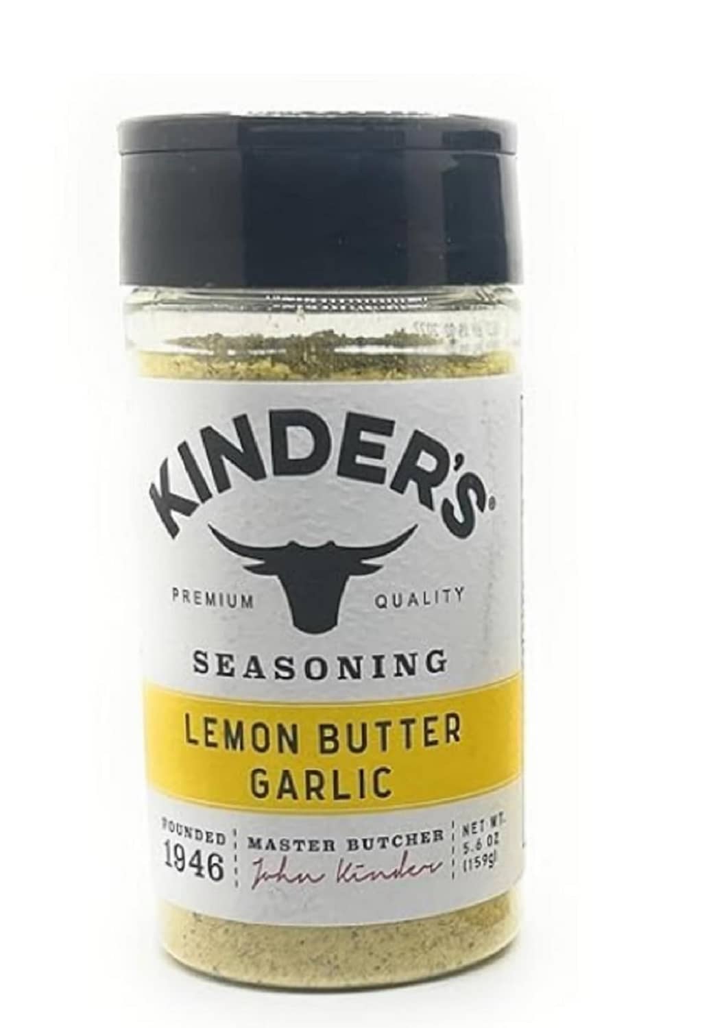 Kinder's Lemon Butter Garlic seasoning bottle with dark cap, 1 oz
