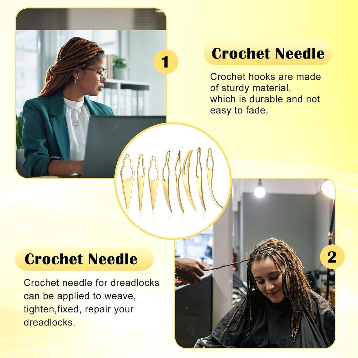 Gold crochet needle set with oval loop heads, 8 pieces for dreadlocks