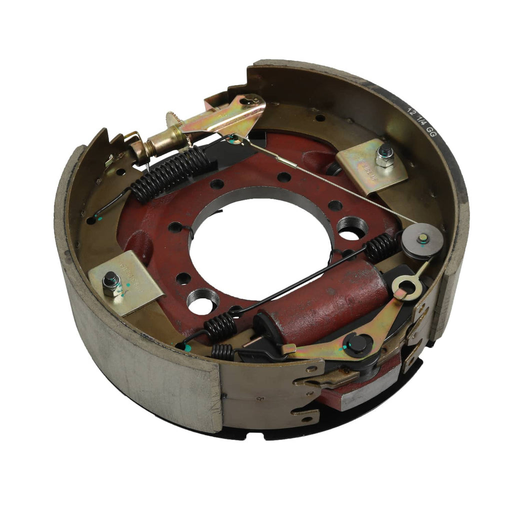 Hydraulic trailer brake drum assembly angled view with red backing plate and hardware