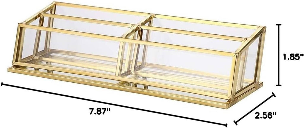 Gold 4-slot business card holder with clear glass, size measurements shown