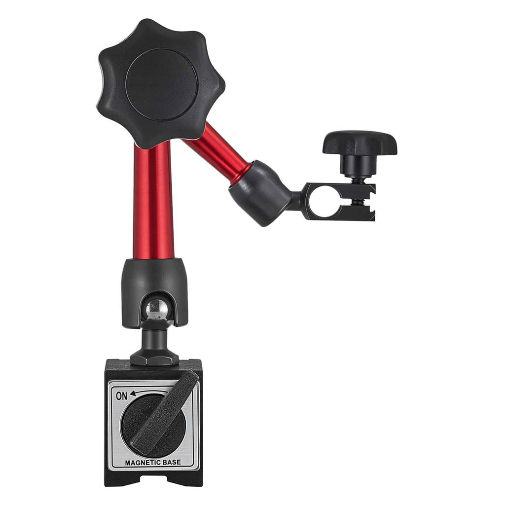 Magnetic base dial test indicator with red post and black clamp
