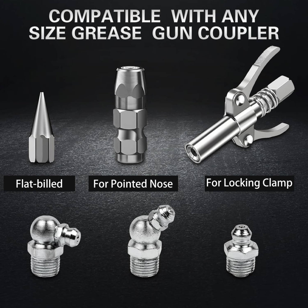 Assorted chrome grease fittings with different grease-gun coupler tip shapes