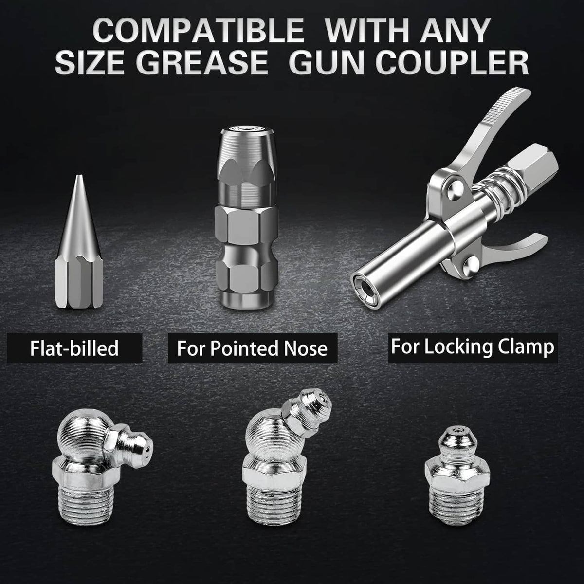 Assorted chrome grease fittings with different grease-gun coupler tip shapes