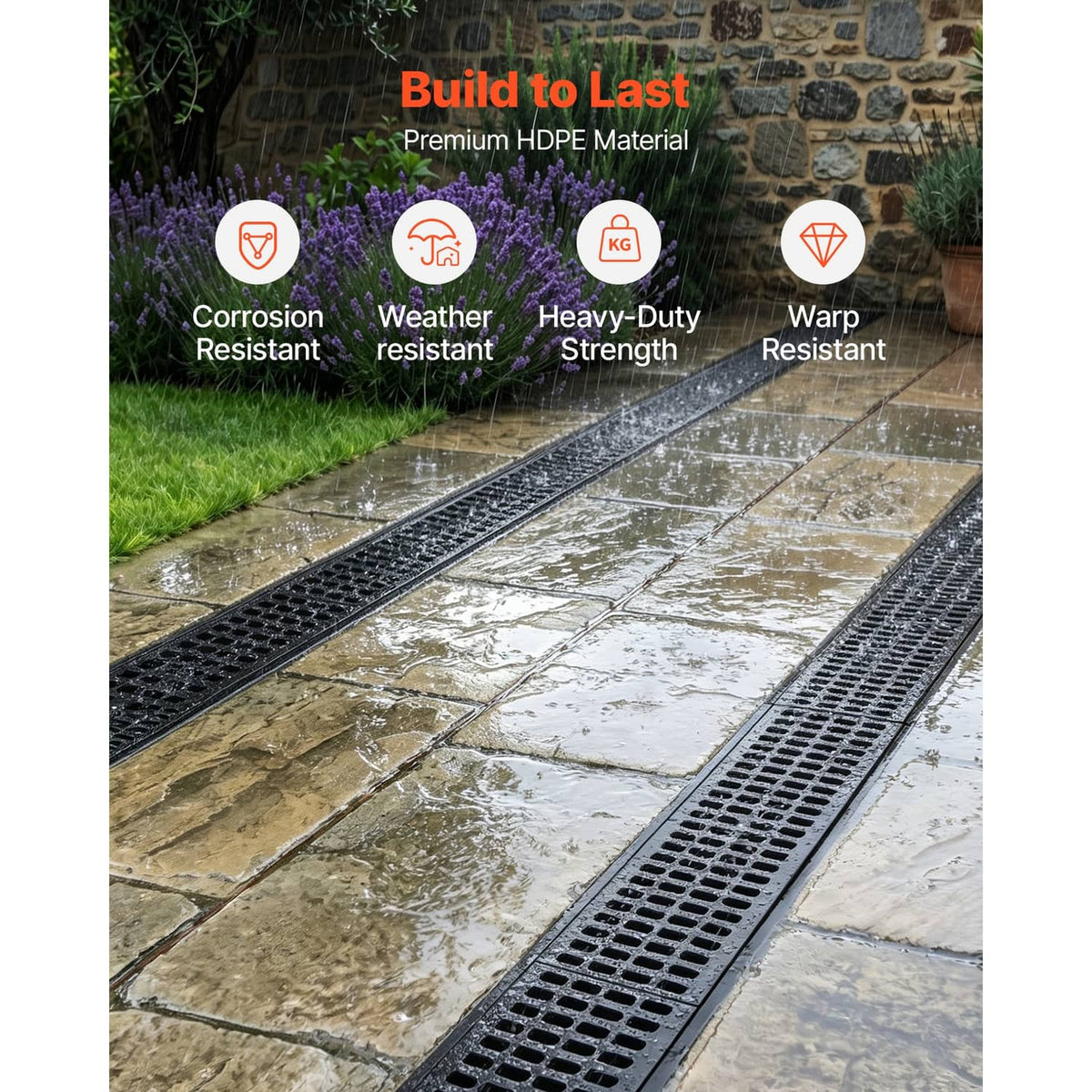 HDPE linear drainage channel with slotted grate on outdoor walkway for surface drainage