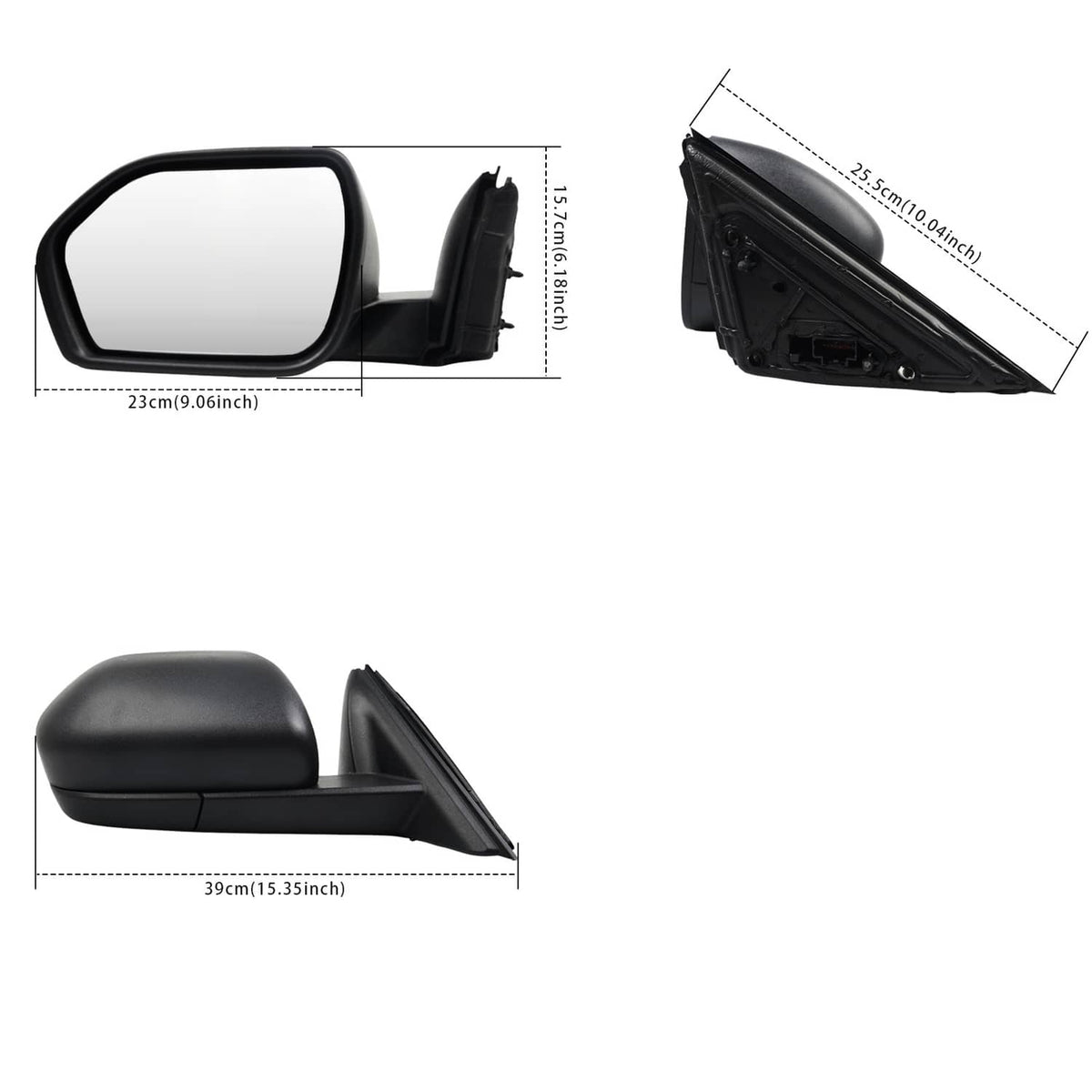 Black power side mirror assembly with integrated glass and rear mounting bracket