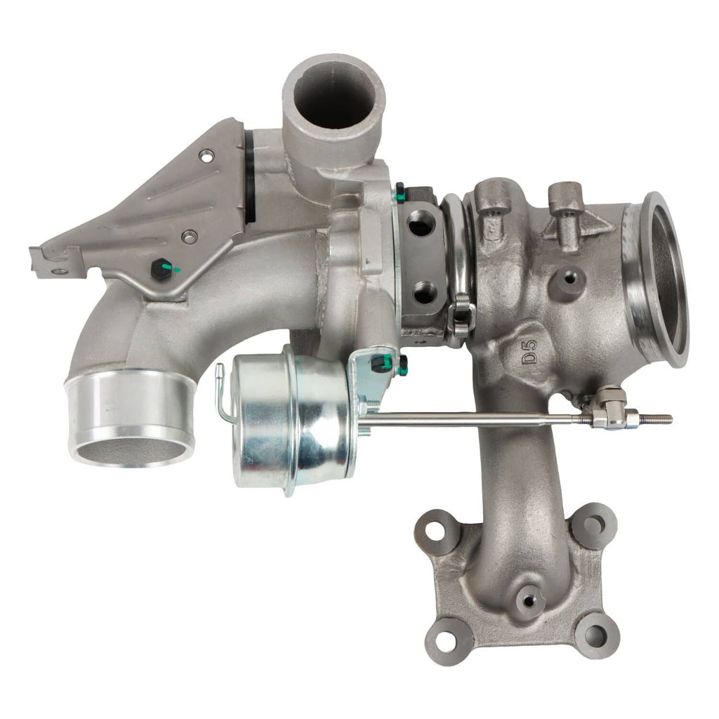 Turbocharger with inlet pipes and turbine housing, front three-quarter view