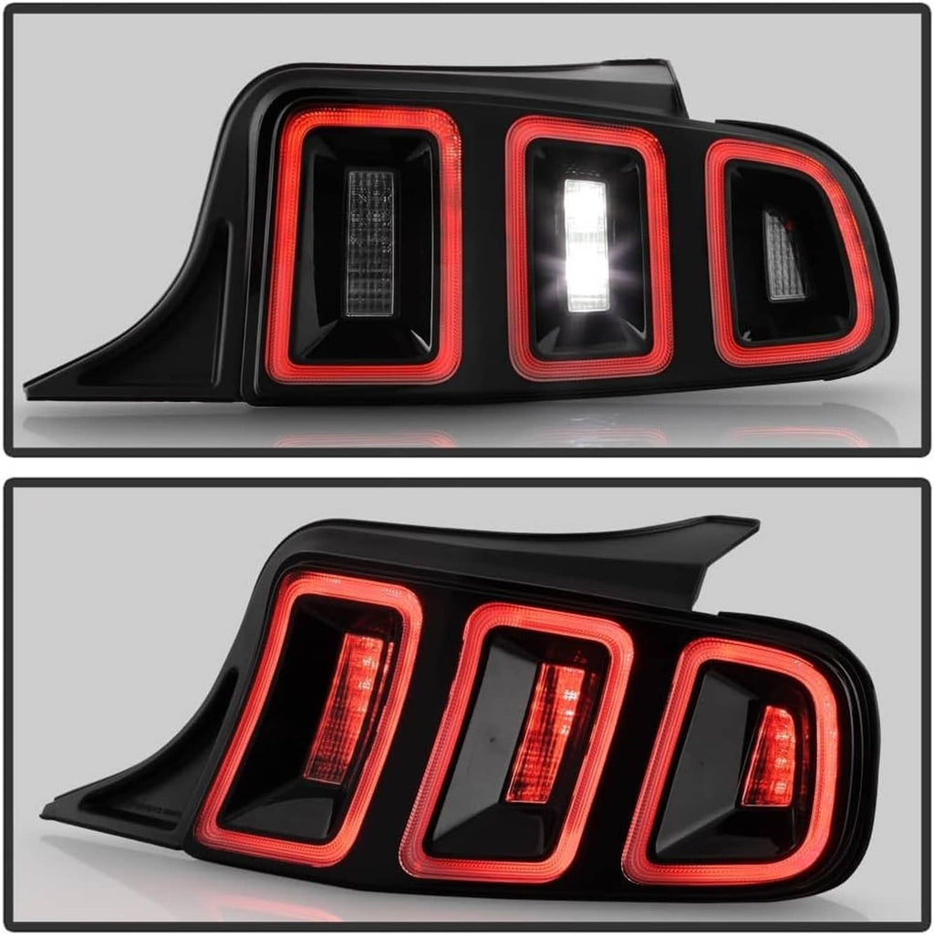 Black LED tail light with red LED accents, shown in unlit and illuminated views