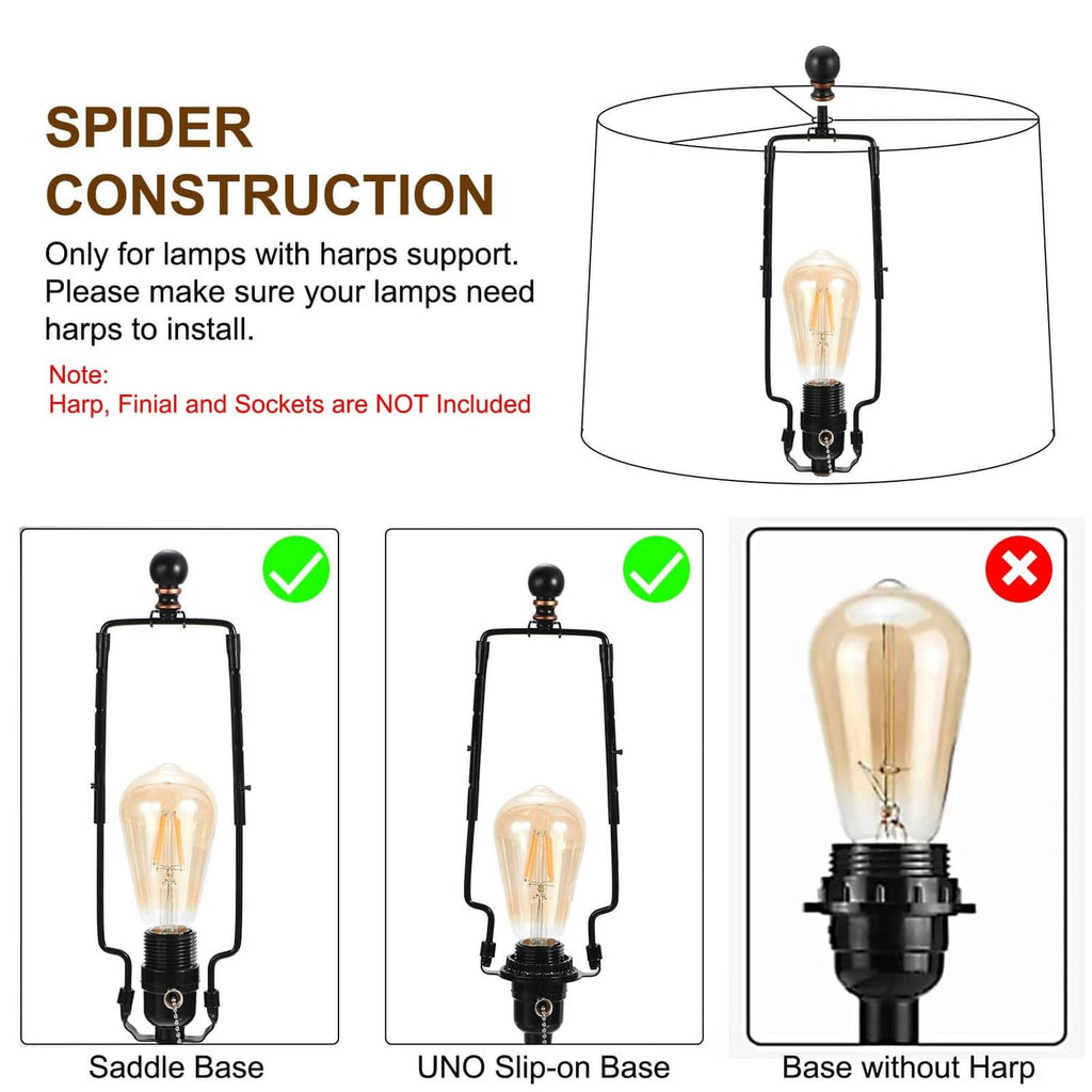 Lamp harp support infographic showing spider construction and supported bases