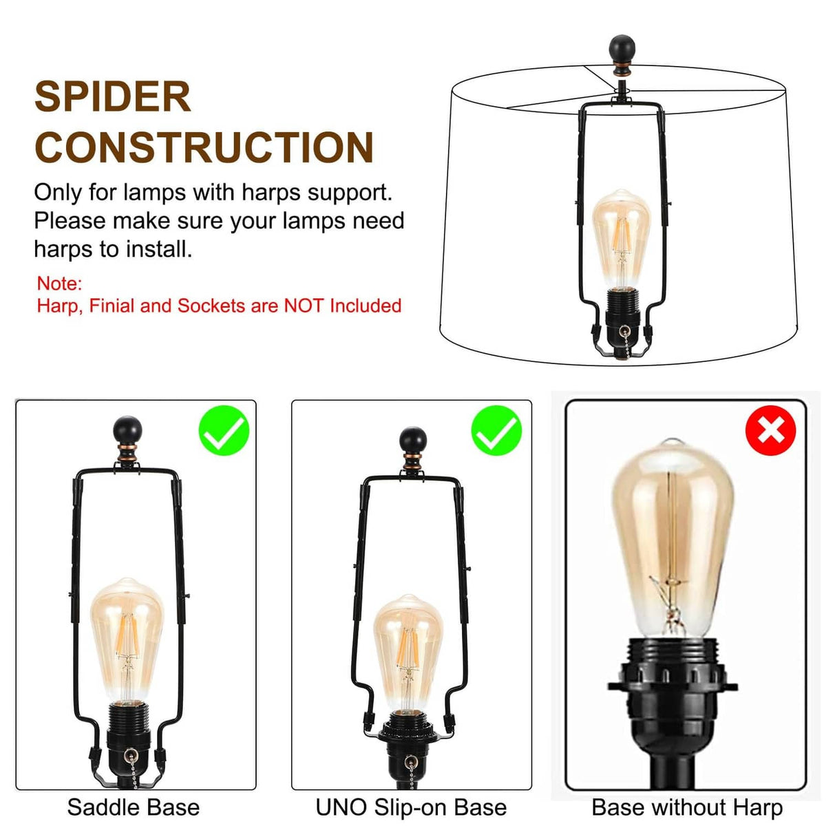 Lamp harp support infographic showing spider construction and supported bases